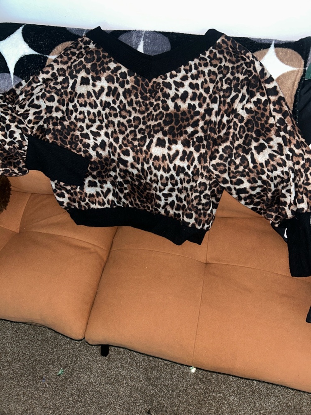 Leopard Print V-Neck Women's Sweater - Black Trim extra loose sleeves